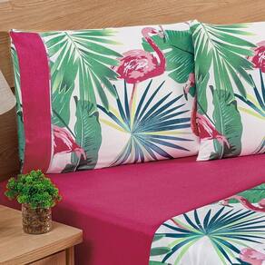 Jogo De Cama Estampado Micropercal 200 Fios Naturale King 04 Peças - Flamingo