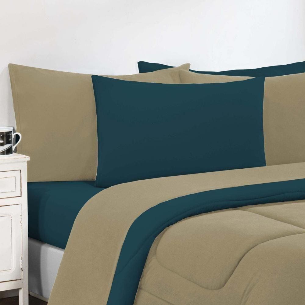 Kit Edredom + Jogo De Lençol Malha 100% Algodão Gran Moratta 7 Peças King - Avelã-azul Petróleo