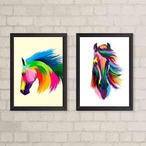 Kit 2 Quadros Cavalos Coloridos 45x34cm - Madeira Branca