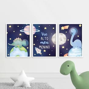 Kit 3 Quadros Dinossauro Astronauta Voe Alto 24X18Cm