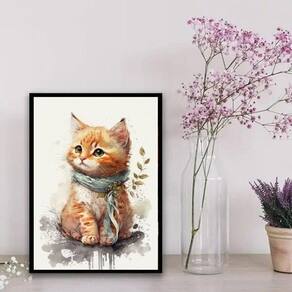 Quadro gatinho aquarela 33x24cm - vidro, madeira branca