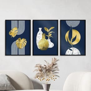3 Quadros Abstratos Azul/Dourado 45x34cm - Madeira Preta