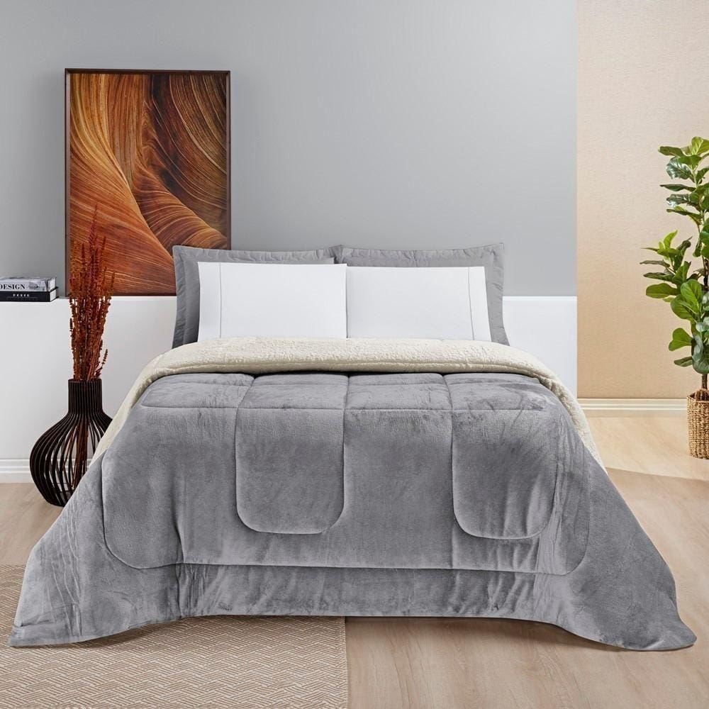 Coberdrom Sherpa E Flannel Everest Solteiro Manta Alta 150g 01 Peça - Cinza