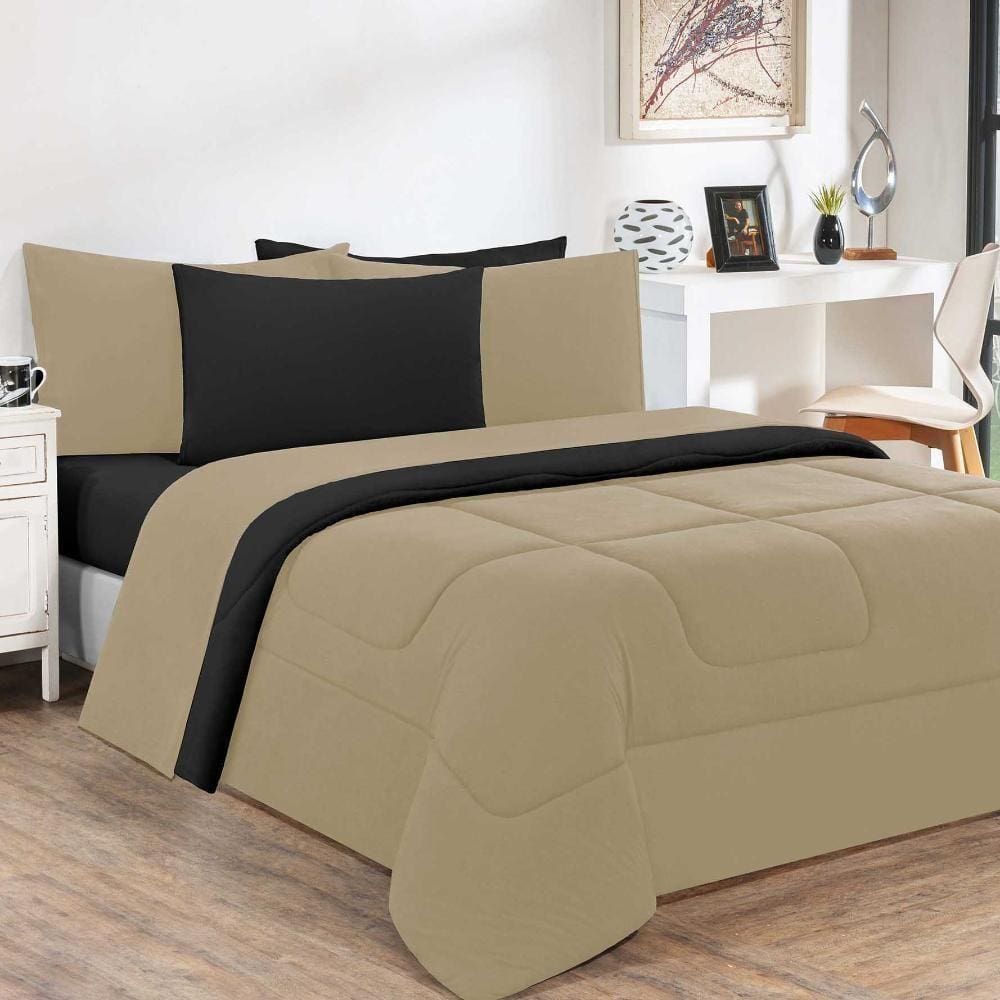 Kit Edredom + Jogo De Lençol Malha 100% Algodão Gran Moratta 5 Peças Solteiro - Avelã-preto