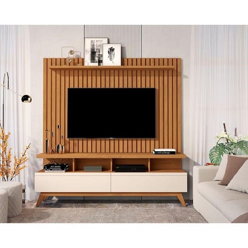 Rack Vivare 1.6 Wood Com Painel Classic Ripado Para TV Até 65 Polegadas Nature/Off White - Giga Móveis