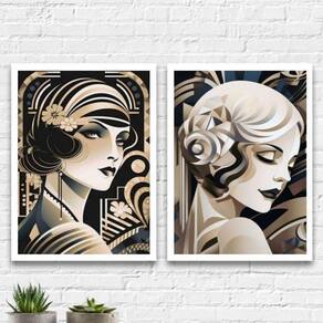 Kit 2 Quadros Mulheres Art Deco 45x34cm - Moldura Preta