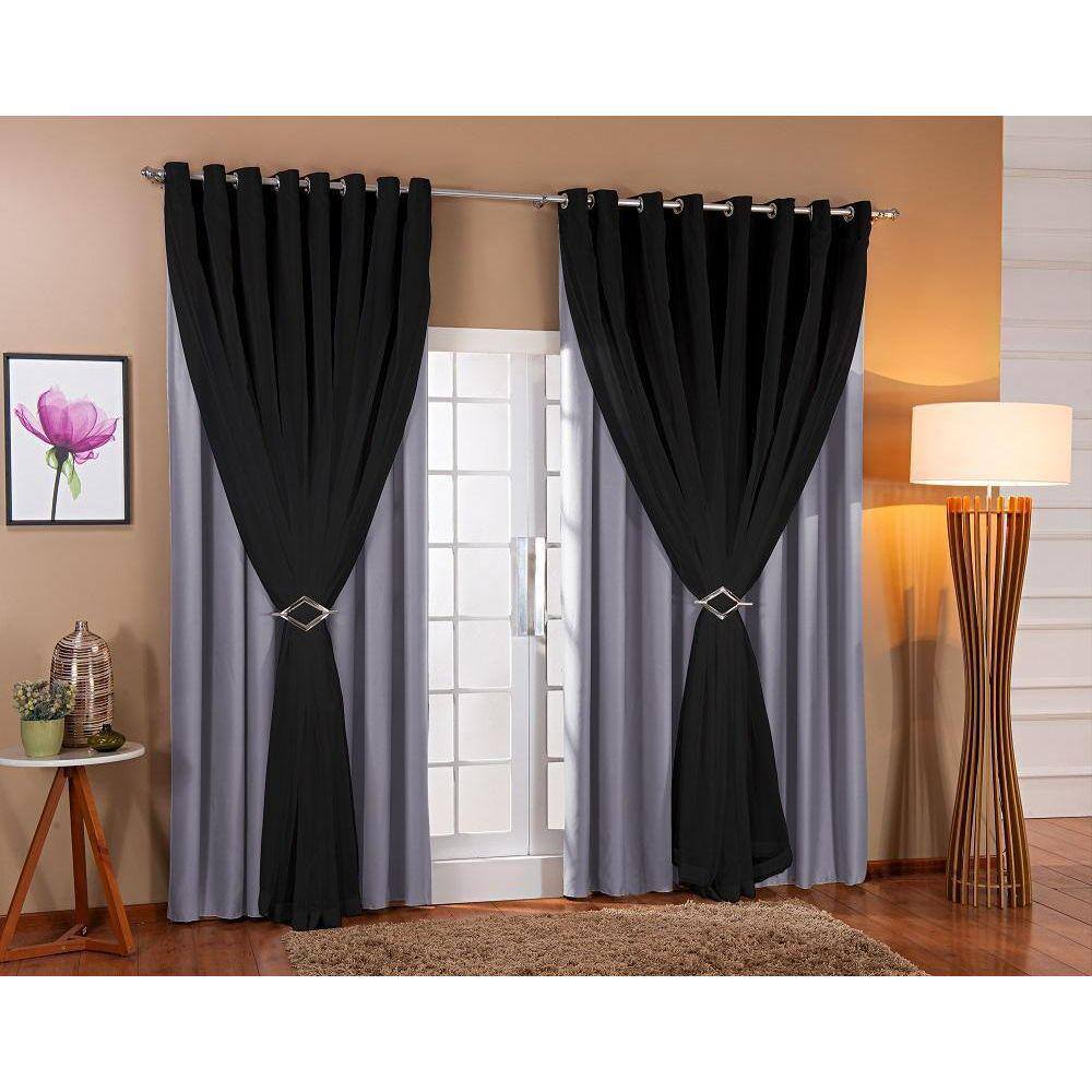 Cortina De Voil Com Forro Blackout Tecido 6,00X2,70 Sala E Quarto Cinza/Preto