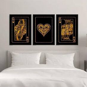 Kit 3 Quadros Rei e Rainha de Copas Preto e Dourado 45x34cm