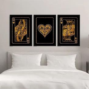 Kit 3 Quadros Rei e Rainha Copas Preto/Dourado 33x24cm