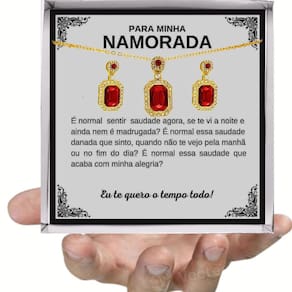 Colar Presente Namorada Aniversário Namoro Conjunto Pingente Brincos Anel Retângulo Vermelho + Linda Dedicatória
