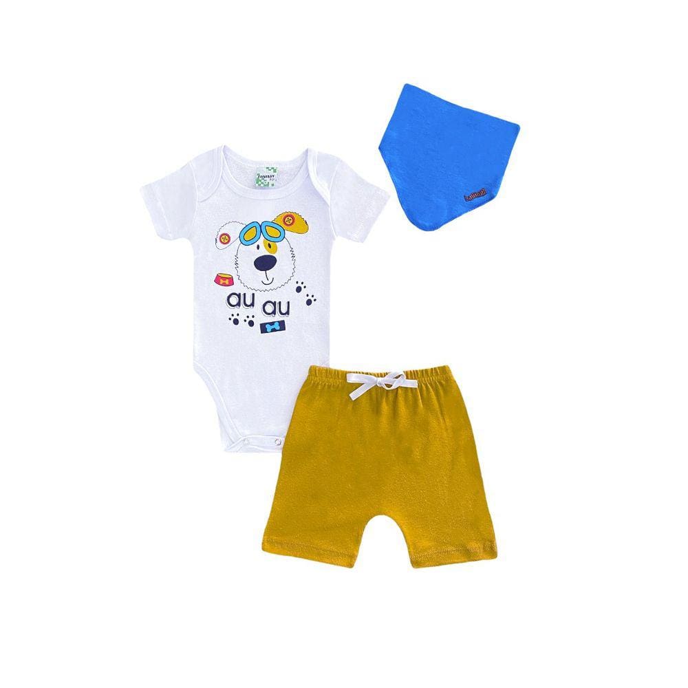 Conjunto Infantil Menino Body Branco Au Au + Bermuda Mostarda e Bandana - Lumagy