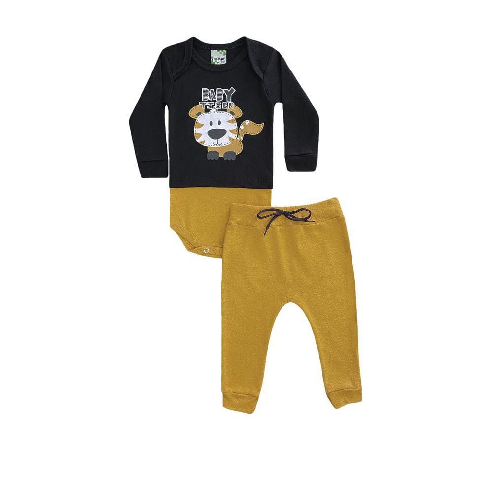 Conjunto Infantil Menino Body Preto Baby Tiger + Calça Mostarda - Lumagy