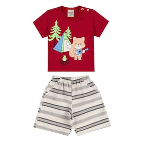 Conjunto Infantil Menino Camiseta Vermelha Acampamento e Bermuda Sarja - Didiene