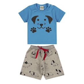 Conjunto Infantil Menino Camiseta Cachorrinho Azul e Bermuda Moletinho - Didiene