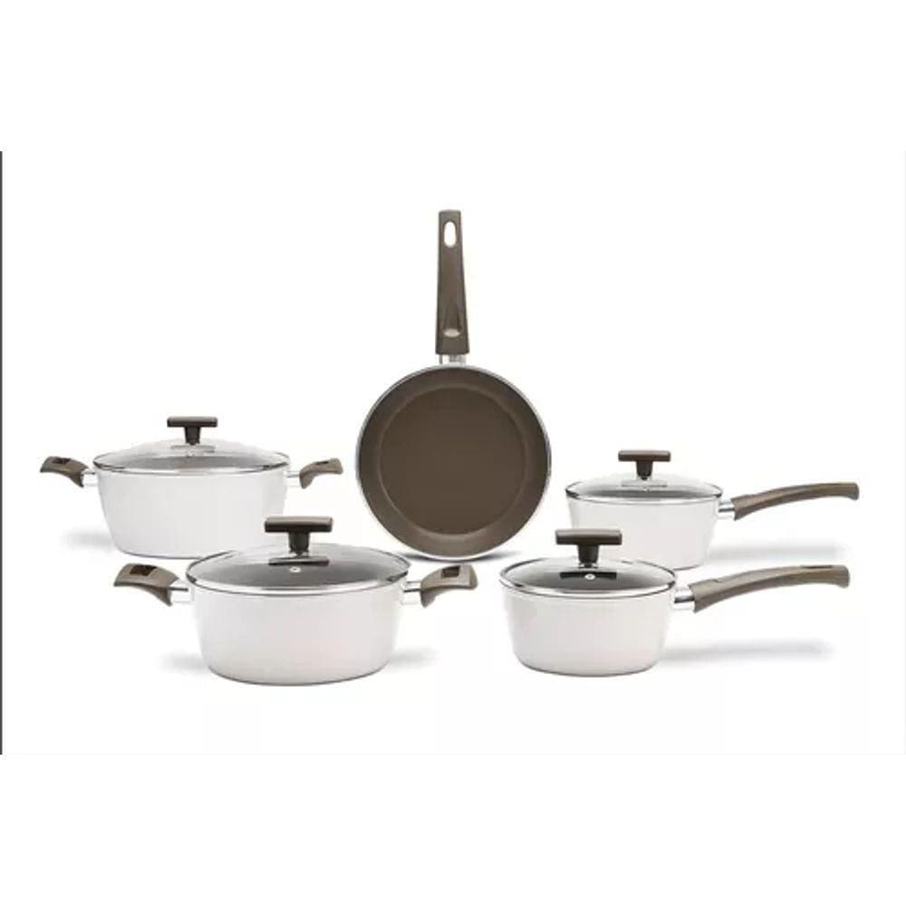 Conjunto de Panela brinox 5 Peças com indução revestimento Cerâmica life cor nata linha orgânica box