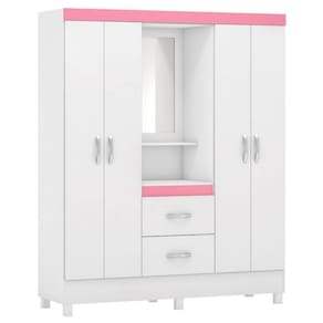Guarda Roupa 4 Portas Com Pés E Espelho Lord Branco Rosa
