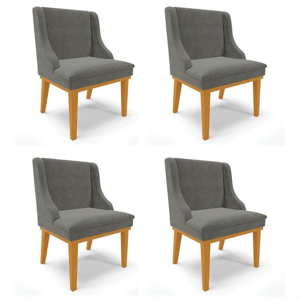 Kit 4 Cadeiras Estofadas Para Sala De Jantar Base Fixa De Madeira Castanho Lia Suede Grafite - Ibiza