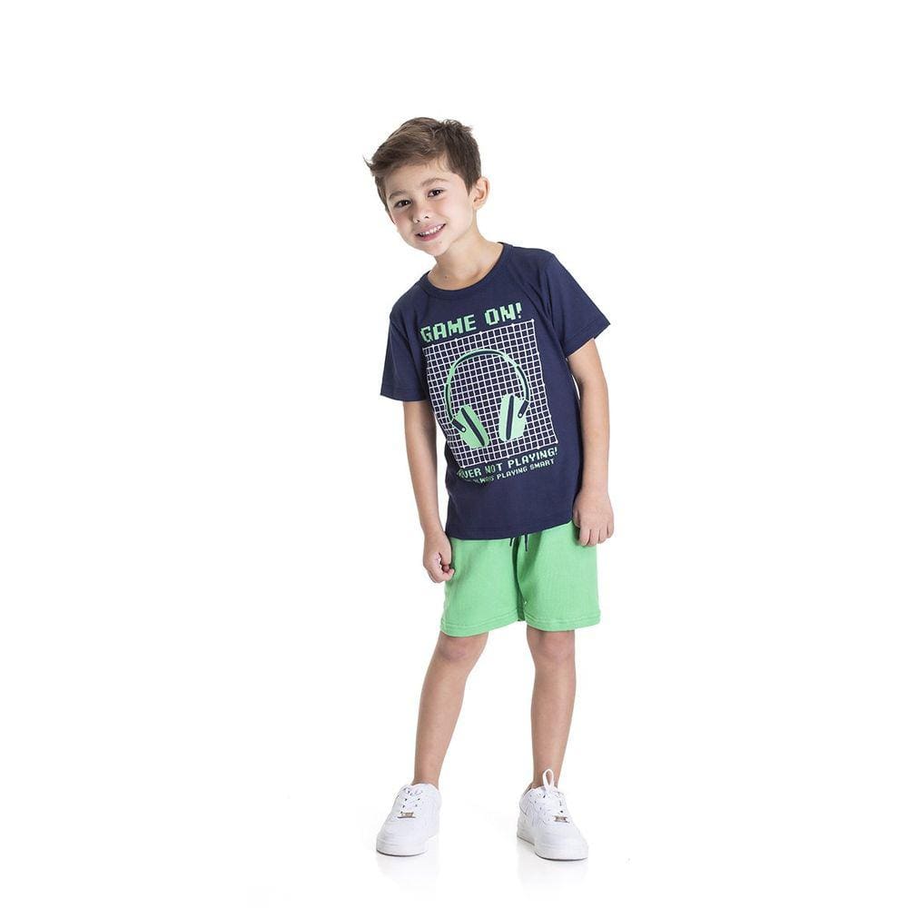 Conjunto Infantil Menino Camiseta Azul Marinho Game On! e Bermuda Verde - Jidi Kids