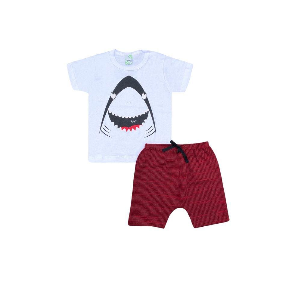 Conjunto Infantil Menino Camiseta Branca Tubarão com Bermuda Vermelha - Lumagy