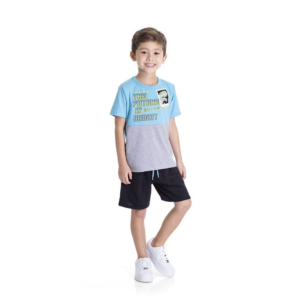 Conjunto Infantil Menino Camiseta Azul Dinossauro e Bermuda Preta - Jidi Kids