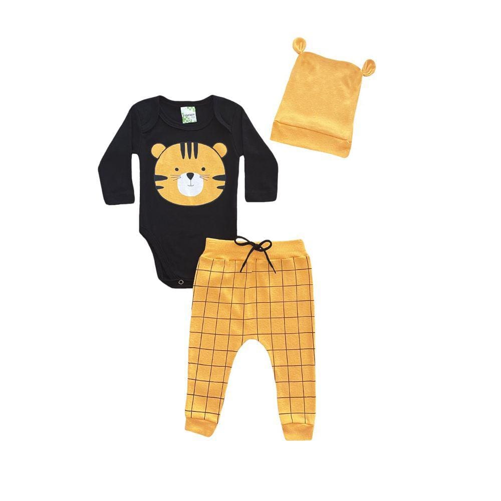 Conjunto Infantil Menino Body Preto + Calça Mostarda e Touca - Lumagy