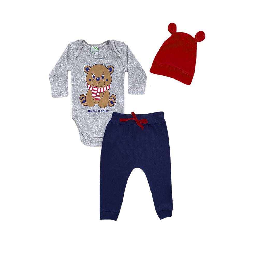 Conjunto Infantil Menino Body Mescla Urso + Calça Azul Marinho e Touca - Lumagy