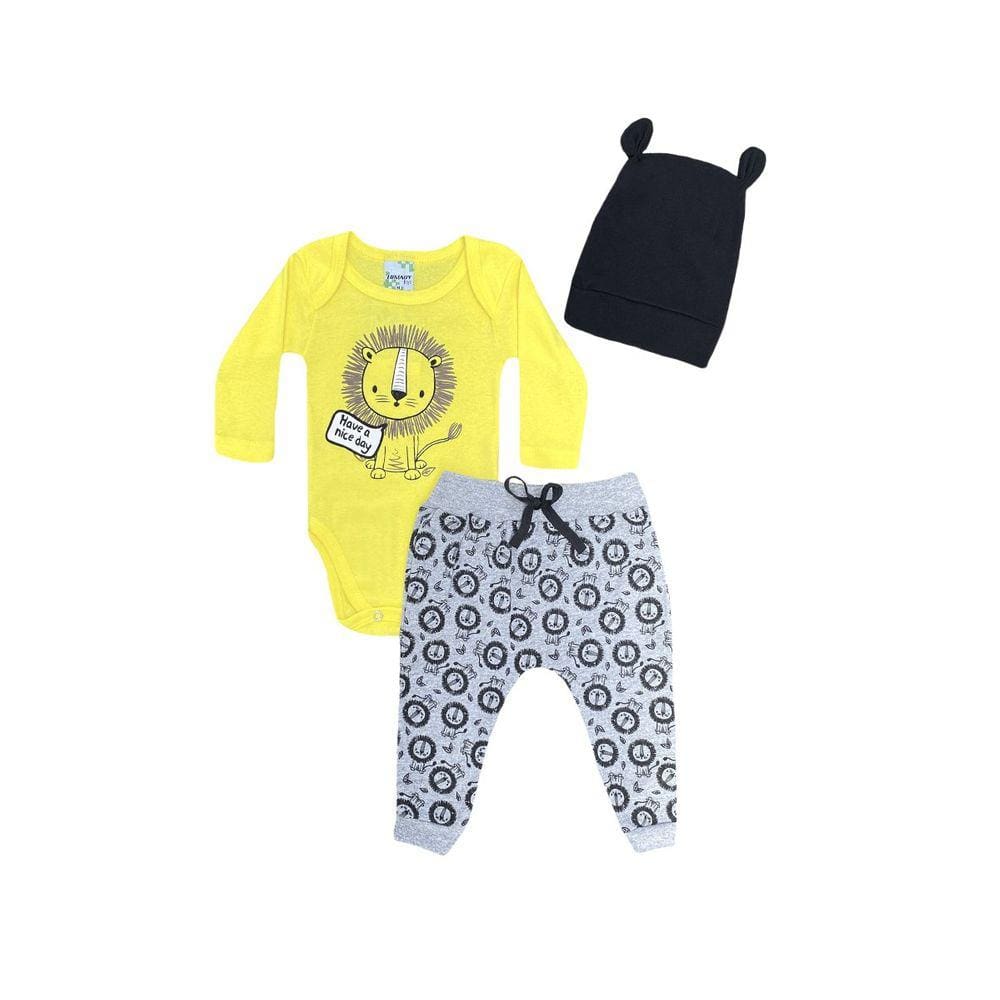 Conjunto Infantil Menino Body Amarelo Leão + Calça Mescla e Touca - Lumagy