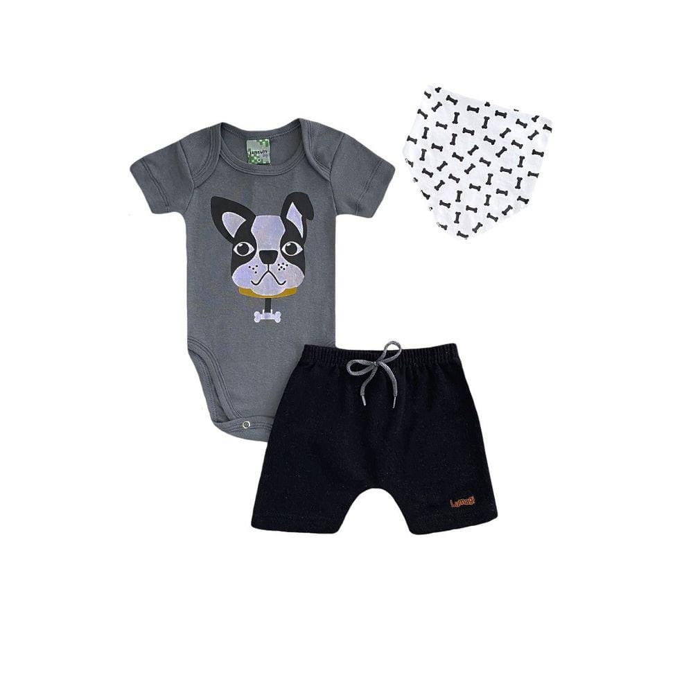Conjunto Infantil Menino Body Cinza Cachorro + Bermuda Preta e Bandana - Lumagy