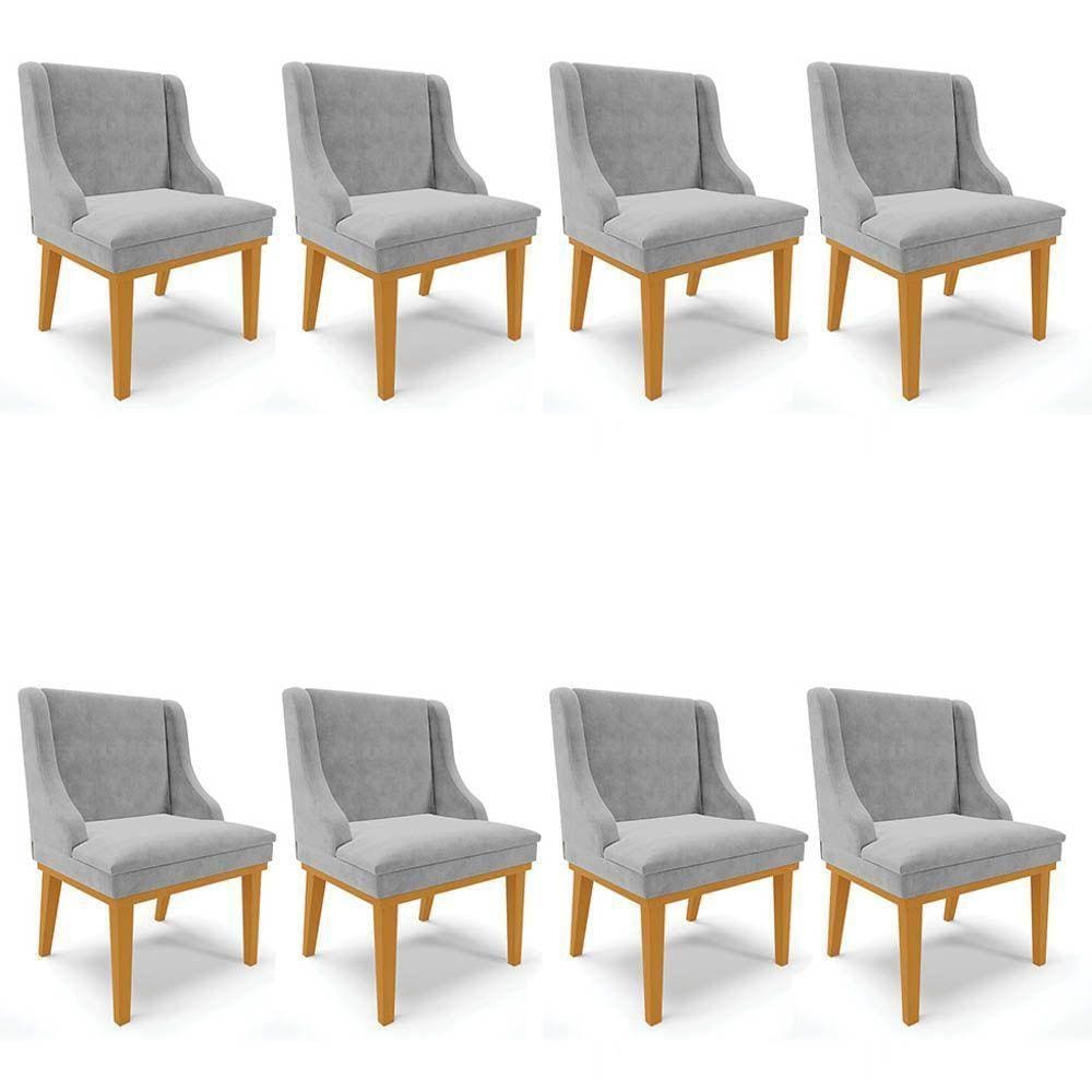 Kit 8 Cadeiras Estofadas Para Sala De Jantar Base Fixa De Madeira Castanho Lia Suede Cinza - Ibiza