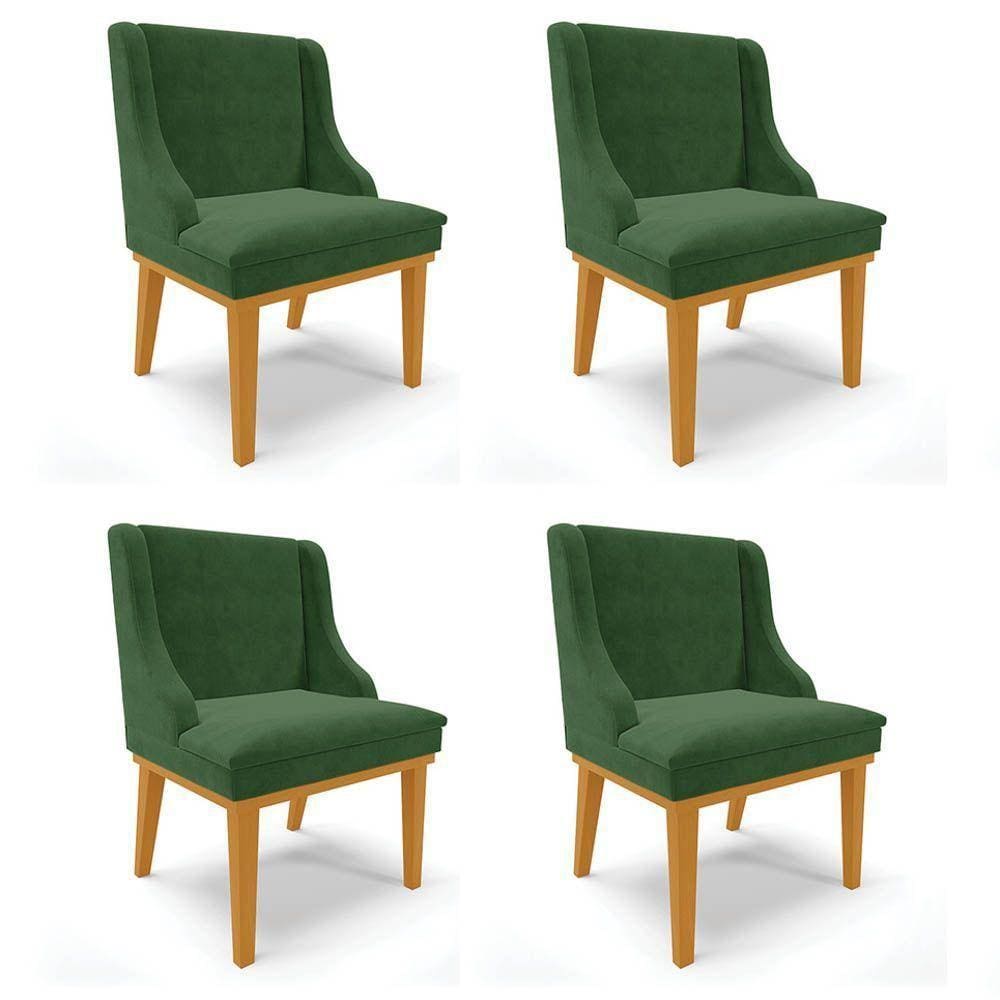 Kit 4 Cadeiras Estofadas Para Sala De Jantar Base Fixa De Madeira Castanho Lia Suede Verde - Ibiza