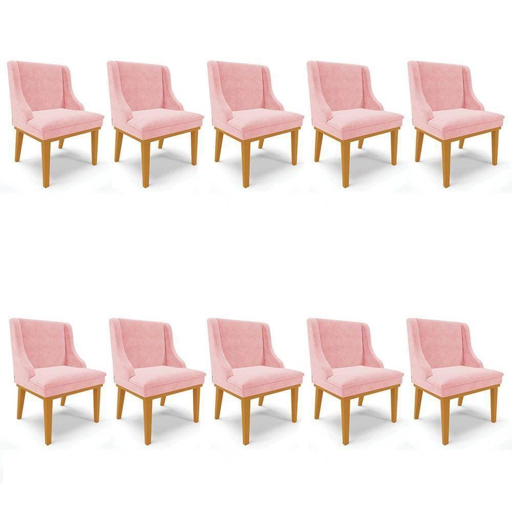 Kit 10 Cadeiras Estofadas Para Sala De Jantar Castanho Lia Suede Rosa Bebê - Ibiza