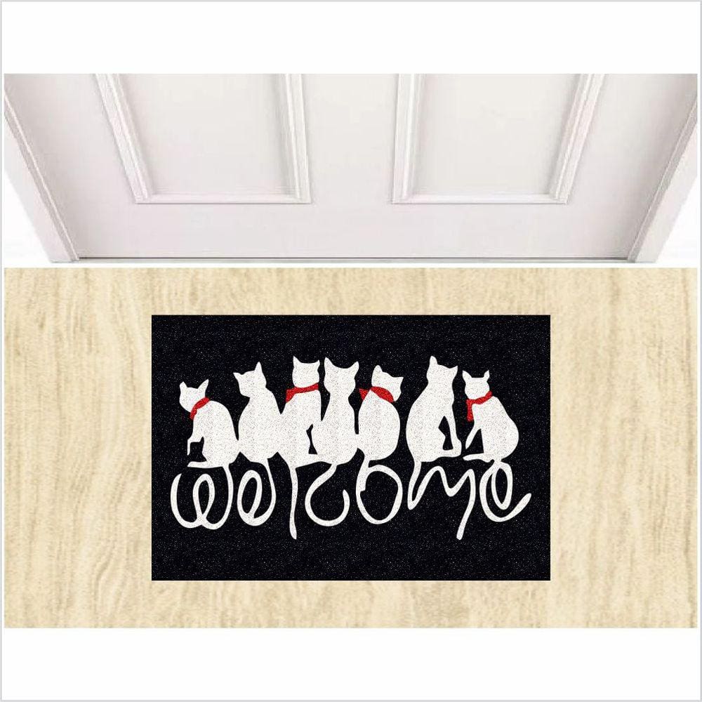 Tapete Capacho Gato Welcome Fundo Preto