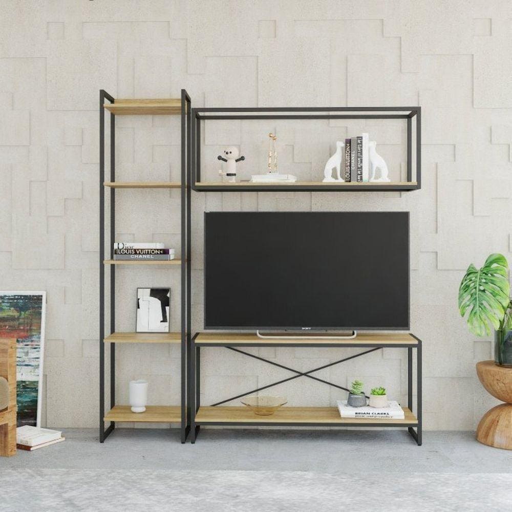 Conjunto Rack para TV até 50 Polegadas 1 Nicho Aéreo 1 Estante Estilo Industrial Active Yescasa Mel