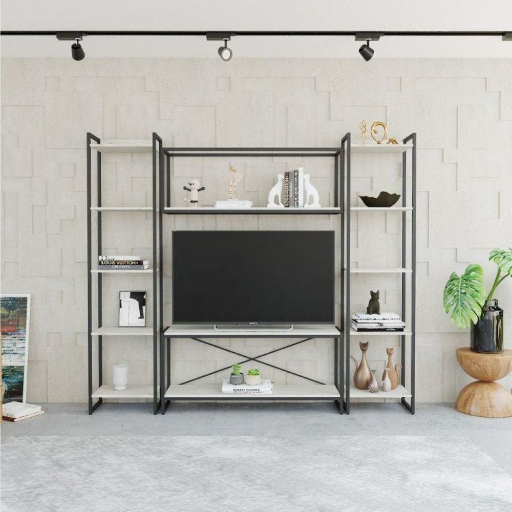 Conjunto Rack para TV até 50 Polegadas 1 Nicho Aéreo 2 Estante Estilo Industrial Active Yescasa Snow