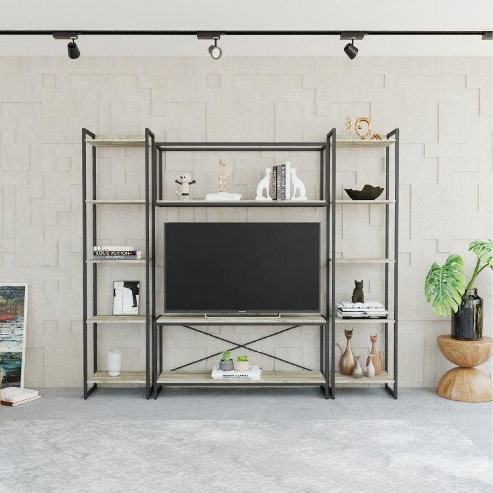 Conjunto Rack para TV até 50 Polegadas 1 Nicho Aéreo 2 Estante Estilo Industrial Active Yescasa Carvalho