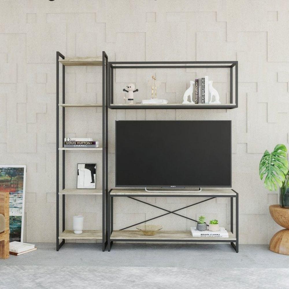 Conjunto Rack para TV até 50 Polegadas 1 Nicho Aéreo 1 Estante Estilo Industrial Active Yescasa Carvalho