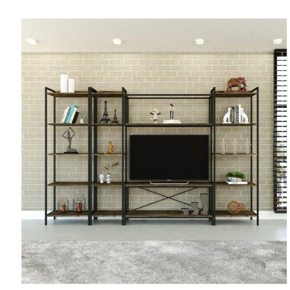 Conjunto Rack para TV até 50 Polegadas Estante 5 Prateleiras Estilo Industrial Active Yescasa Carvalho Dark