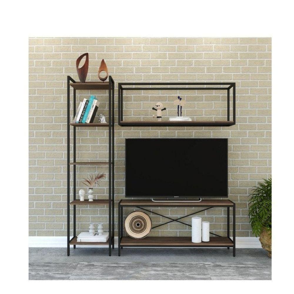 Conjunto Rack para TV até 50 Polegadas 1 Nicho Aéreo 1 Estante Estilo Industrial Active Yescasa Nogal