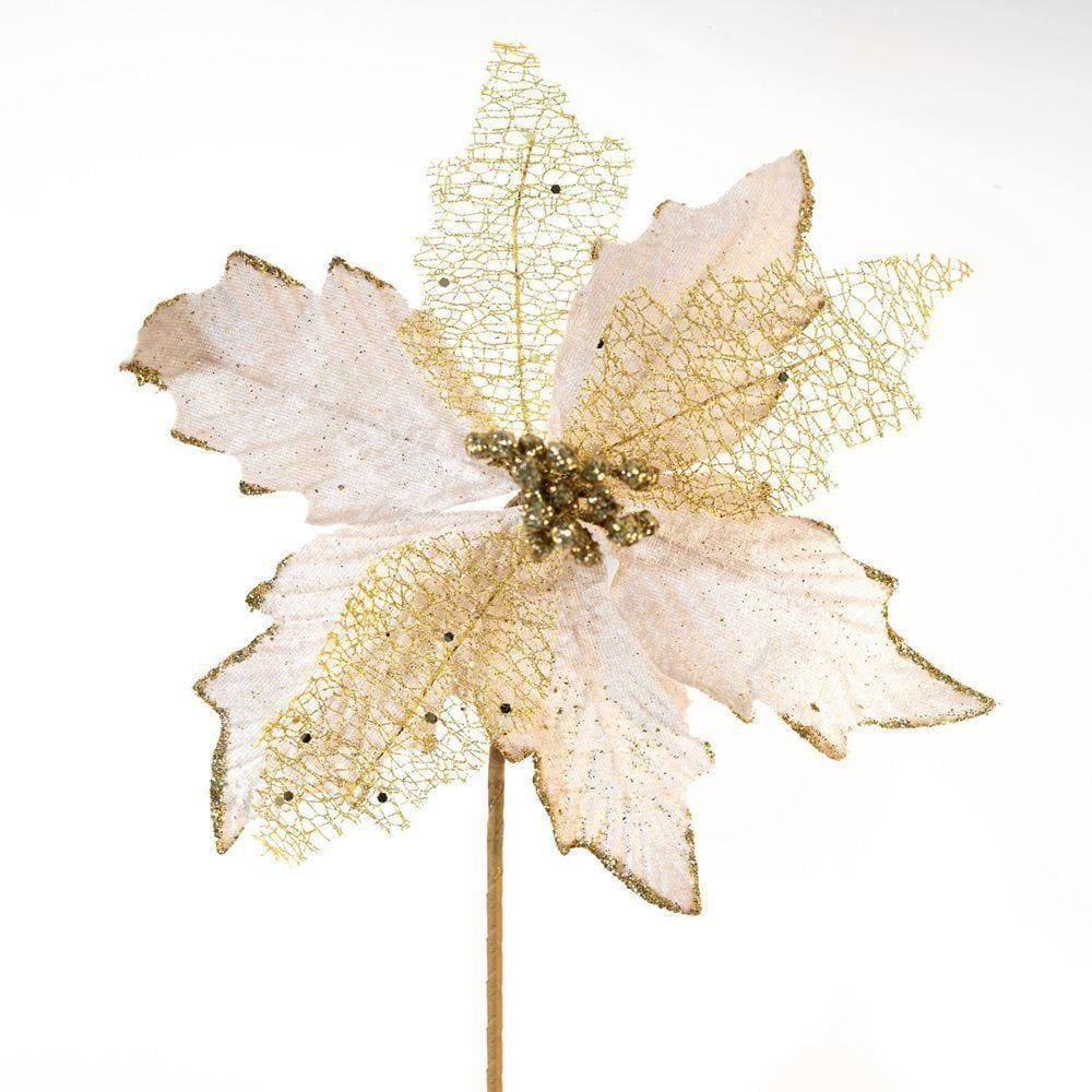 Flor Cabo Artificial Decoração De Natal Brilho Bege 26cm