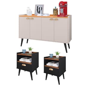 Kit 2 Mesinhas Cabeceira Estilo Retrô Preto/Freijó 1 Gaveta Nicho Decorativo e Buffet Kiev Cantinho Café Off White/Cinamomo - RPM Móveis