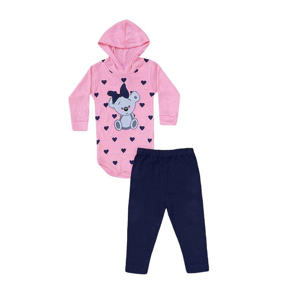 Conjunto Infantil Menina Body Rosa Ursinha + Calça Azul Marinho - Lumagy