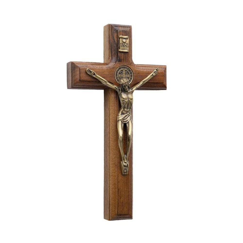Crucifixo de Parede Tradicional feito em Madeira 17cm com São Bento
