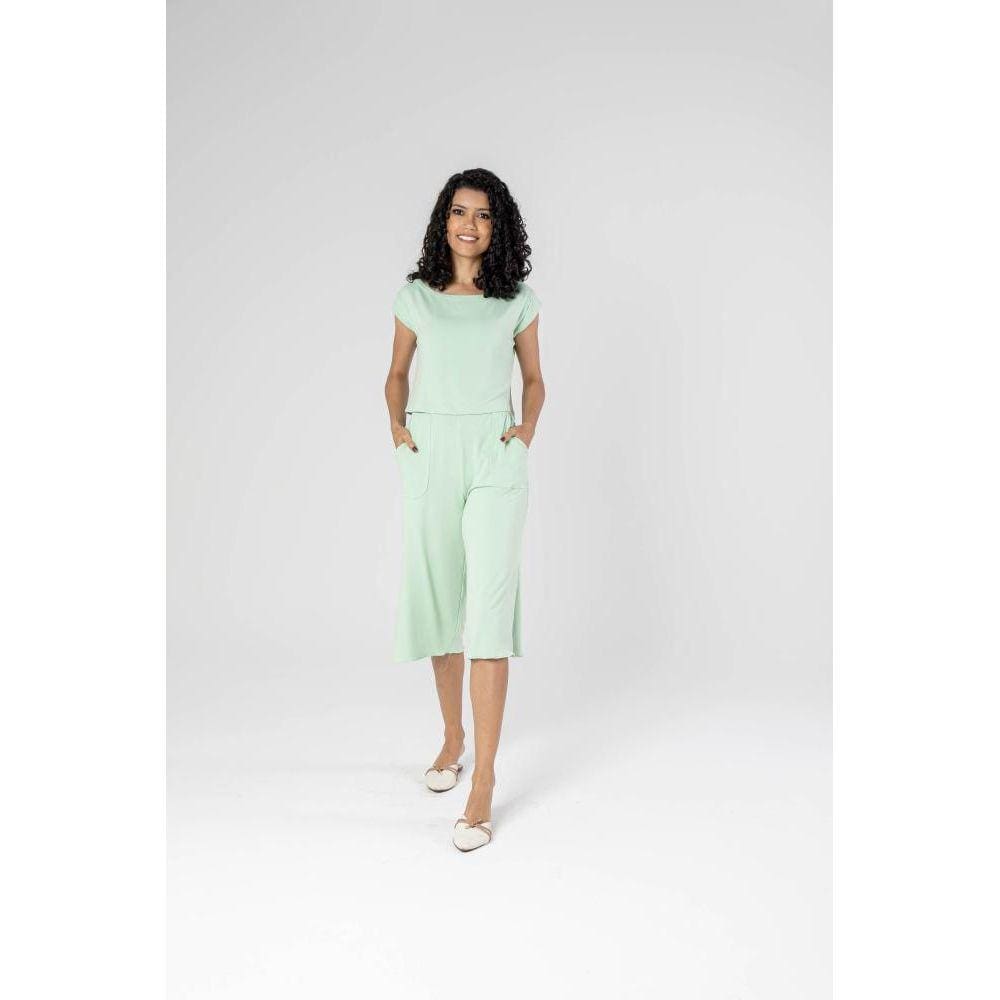 Conjunto Blusa Cropped + Calça Pantacourt Com Fenda Lateral