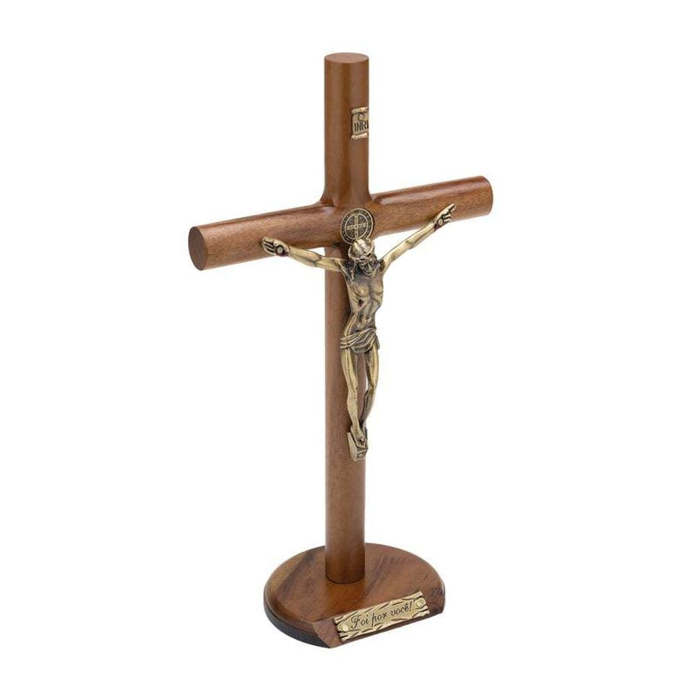 Crucifixo de Madeira Cilíndrico com São Bento 26cm - ”Foi por você!”