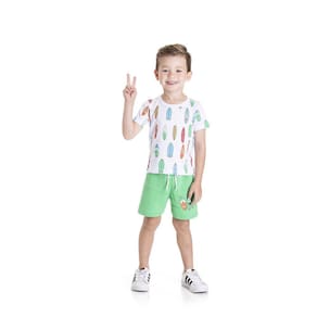 Conjunto Infantil Menino Surf Camiseta Branca e Bermuda Verde - Jidi Kids