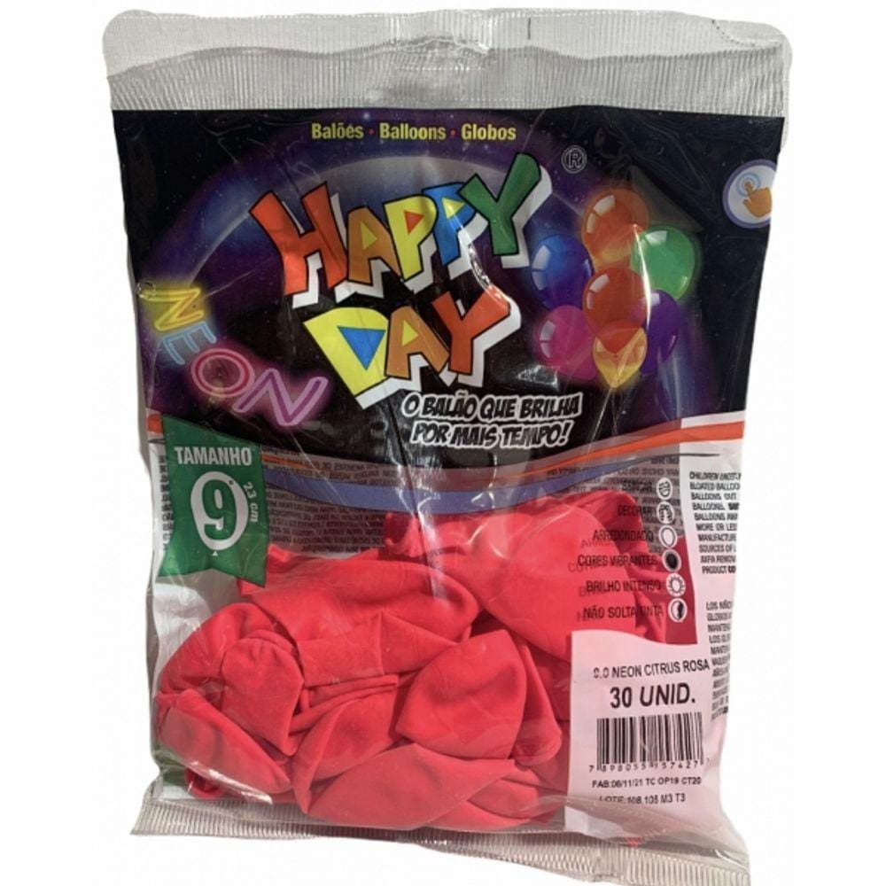 Balão 9 Neon Rosa Happy Day Pc 30