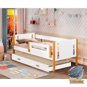 Cama de Criança Infantil Solteiro Mirela com Cama Auxiliar e Grade de Proteção Acompanha Colchões Br