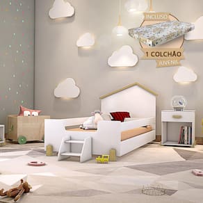 Cama de Criança Infantil Montessoriana com Colchão e Escadinha Juvenil Ayla - Branca e Natural