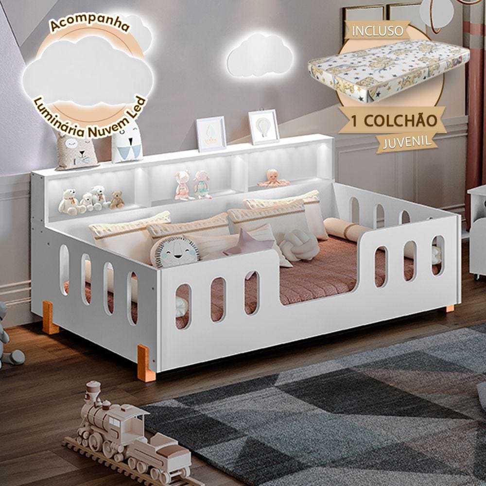 Cama Infantil Montessoriana com Colchão Juvenil Led e Nicho Nina Branca + Luminária Led