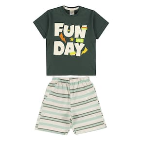 Conjunto Infantil Menino Camiseta Verde Militar Fun Day e Bermuda Sarja - Didiene